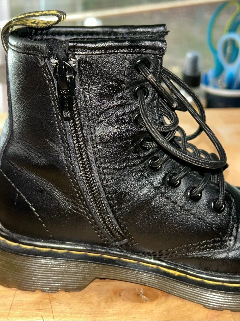 Dr. Martens toddlers Black Leather Combat Ankle Boots Lace-Up Zip US 12